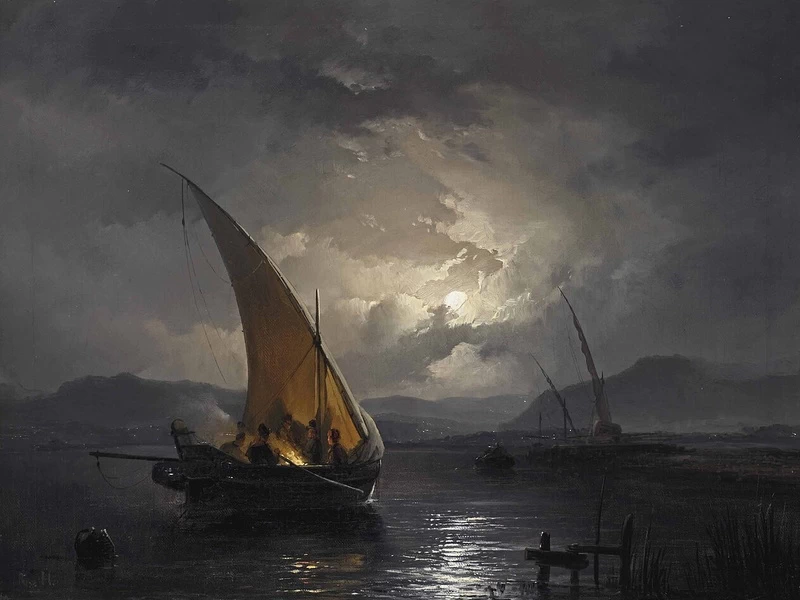 1812-Remigius Adrianus Haanen - Un paesaggio notturno con una barca a vela dove viene acceso un fuoco